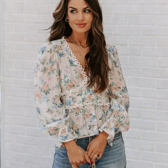 Vici Tops - MALAIA FLORAL CROCHET PEPLUM TOP - IVORY MULTI